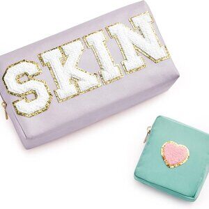 Preppy Patch Skin Makeup Bag for Travel, 2 PCS Chenille Letter Cosmetic Sunscree